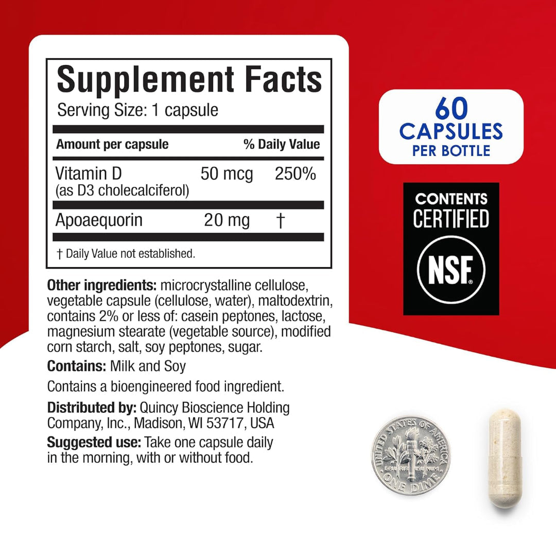Prevagen supplement facts label showing apoaequorin 20 mg vitamin D ingredients and 60 capsules per bottle