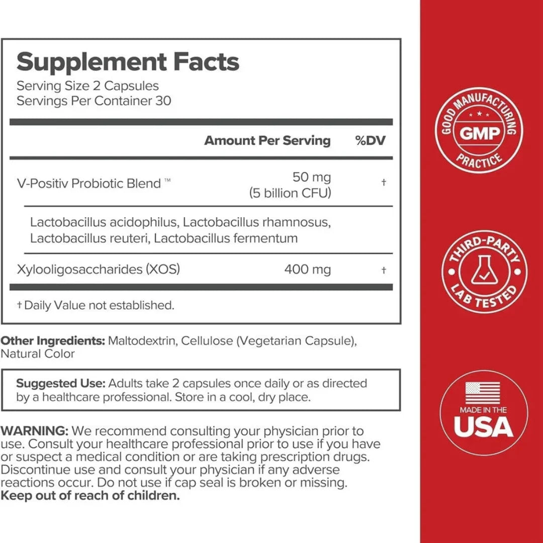 Supplement label with certification logos on a red and white background