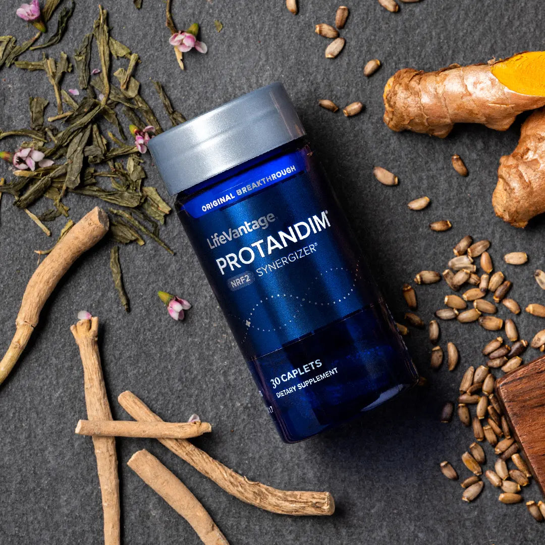 LifeVantage Protandim bottle with natural ingredients like turmeric green tea and herbs for antioxidant support
