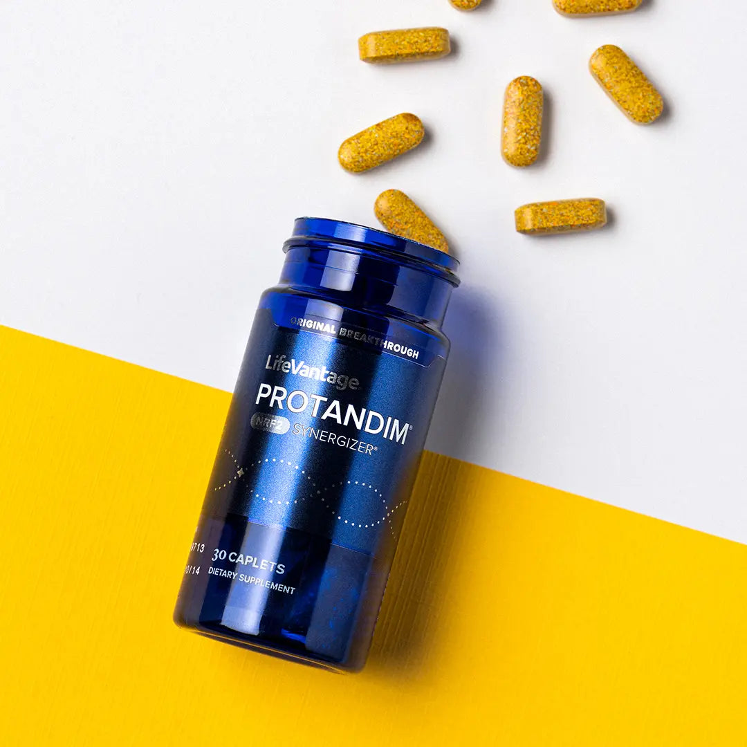 LifeVantage Protandim supplement bottle with caplets on modern yellow background antioxidant support