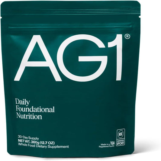 AG1 daily foundational nutrition package on a white background