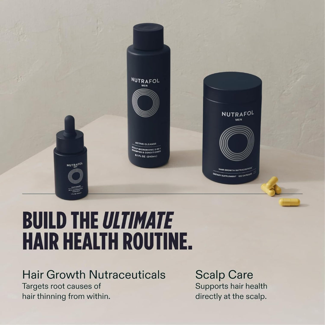 Nutrafol hair care products including a bottle, dropper, and container on a neutral background.