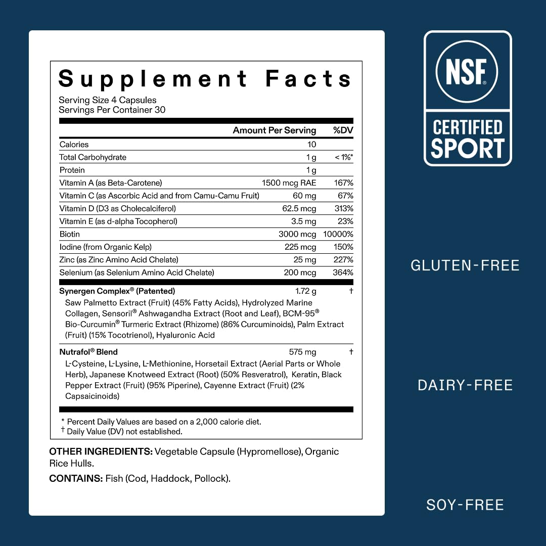 Supplement facts label with NSF certification logo on a blue background