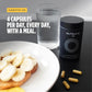 Nutrafol supplement container with capsules and a glass of water on a table.