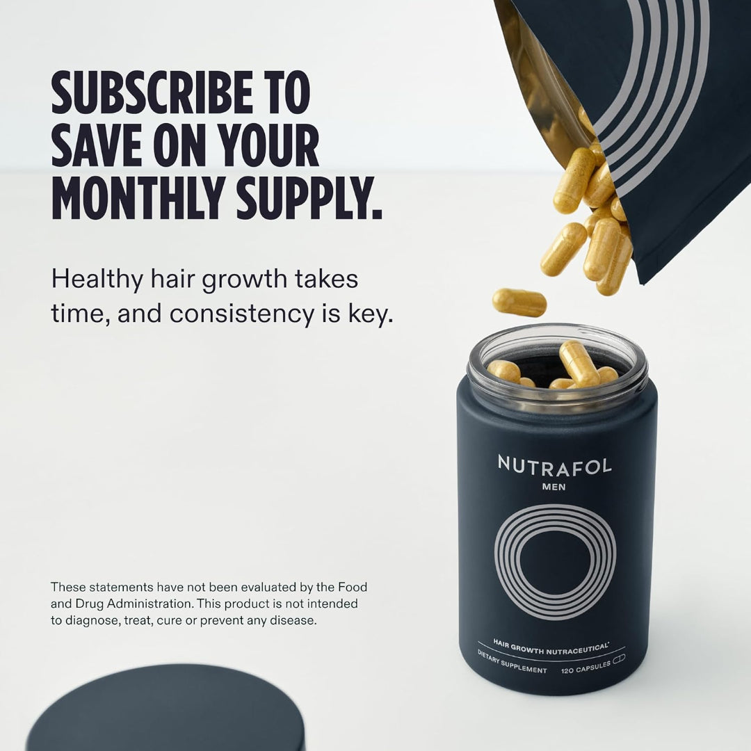 Nutrafol Men's hair growth supplement container with capsules spilling out, promotional text on a light gray background.