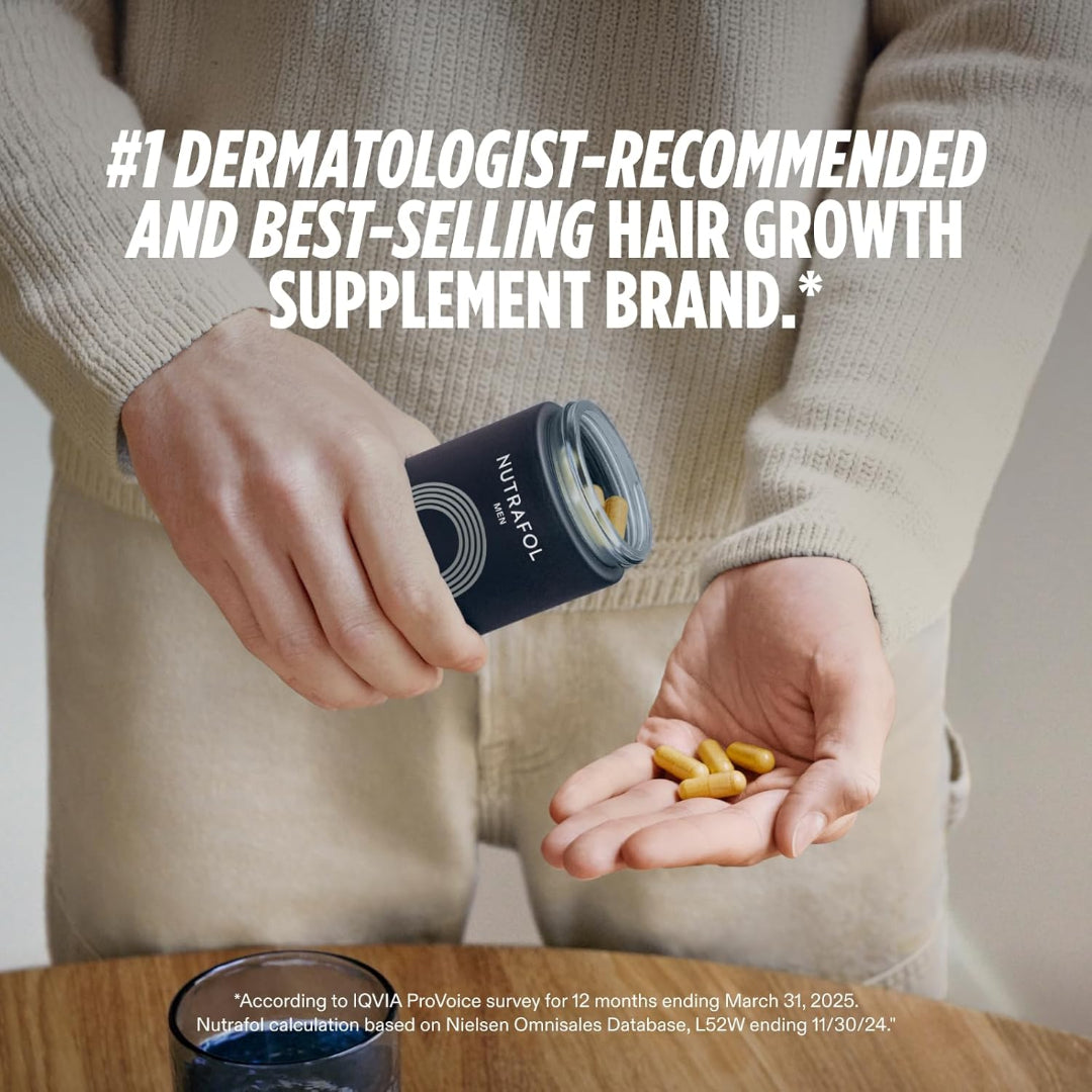 Person holding a container of Nuterfol hair growth supplement with text about dermatologist recommendation.