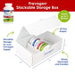 Prevagen stackable storage box holding supplement bottles for convenient organization and long term brain health use