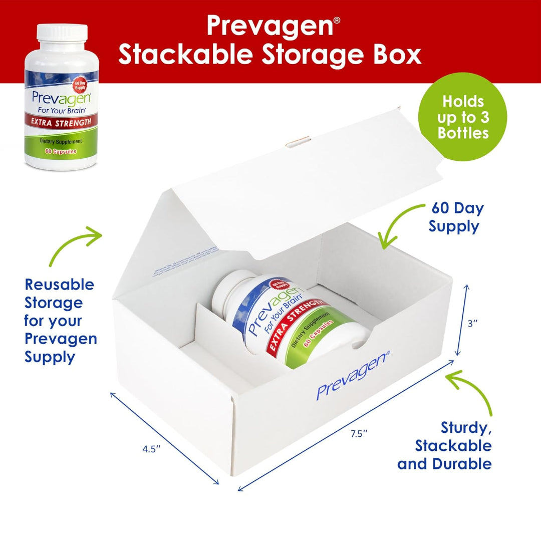 Prevagen stackable storage box holding supplement bottles for convenient organization and long term brain health use