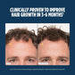 Before and after comparison of hair growth with text claiming clinical improvement in 3-6 months.
