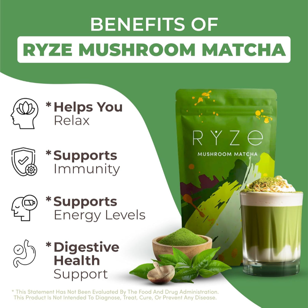 Promotional graphic for RYZé Mushroom Matcha with benefits listed on a green background.