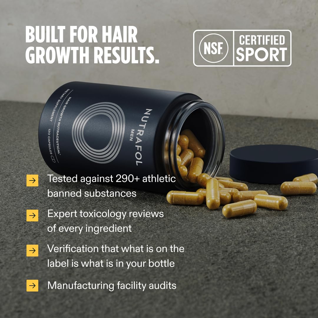 Nutrafol hair growth supplement with NSF Certified Sport logo on a gray background