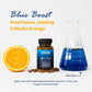 Nutritional supplement bottle labeled 'Blue Boost' with an orange, coffee beans, and a beaker of blue liquid on a white background.