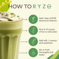 Instructions on how to make a RYZE mushroom matcha drink with a glass of matcha in the foreground.