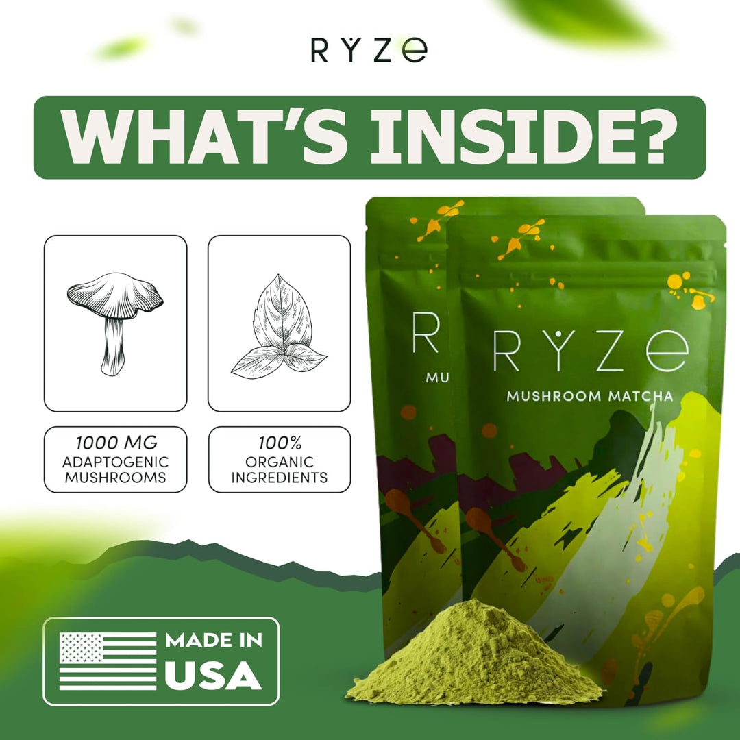 RYZE mushroom matcha packaging with green background and product display.