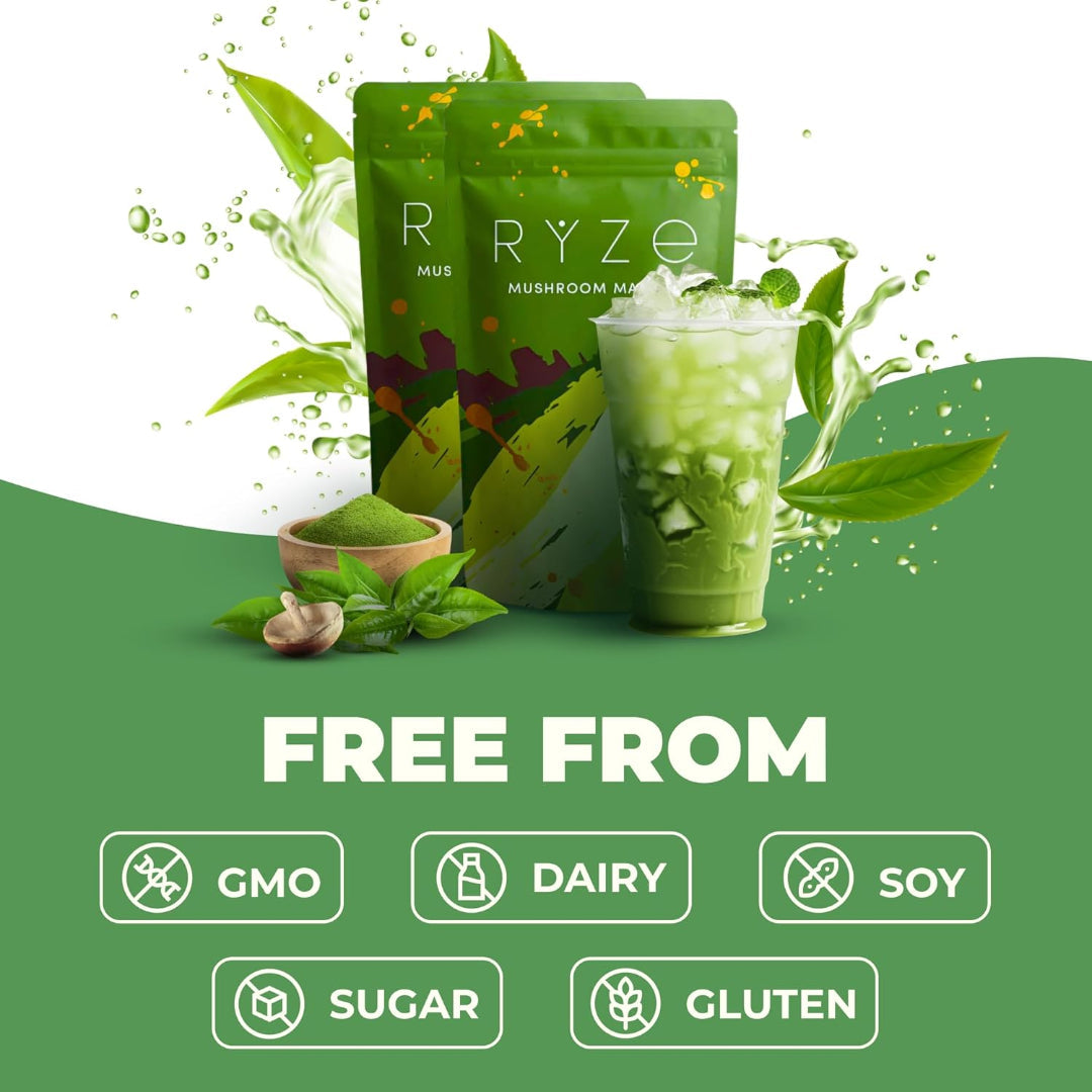 Ryze mushroom product with a green background and health benefits text.