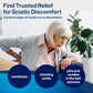 Woman experiencing sciatic discomfort with text and icons about common signs of sciatic nerve discomfort.