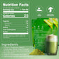 Nutrition facts label and package of a mushroom blend with a glass of matcha on a green background