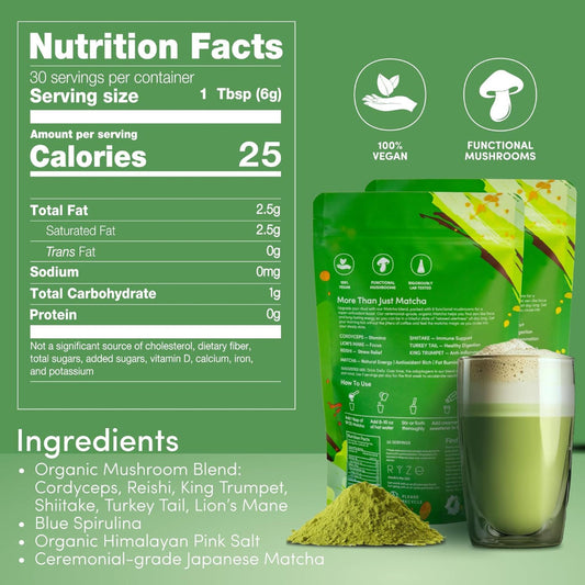 Nutrition facts label and package of a mushroom blend with a glass of matcha on a green background