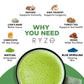 Promotional graphic for RYZé with health benefits and a green drink.