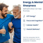 Two men in blue shirts with a bottle, text about Methylene Blue benefits on a white background