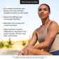 Woman sitting outdoors with product benefits text overlay