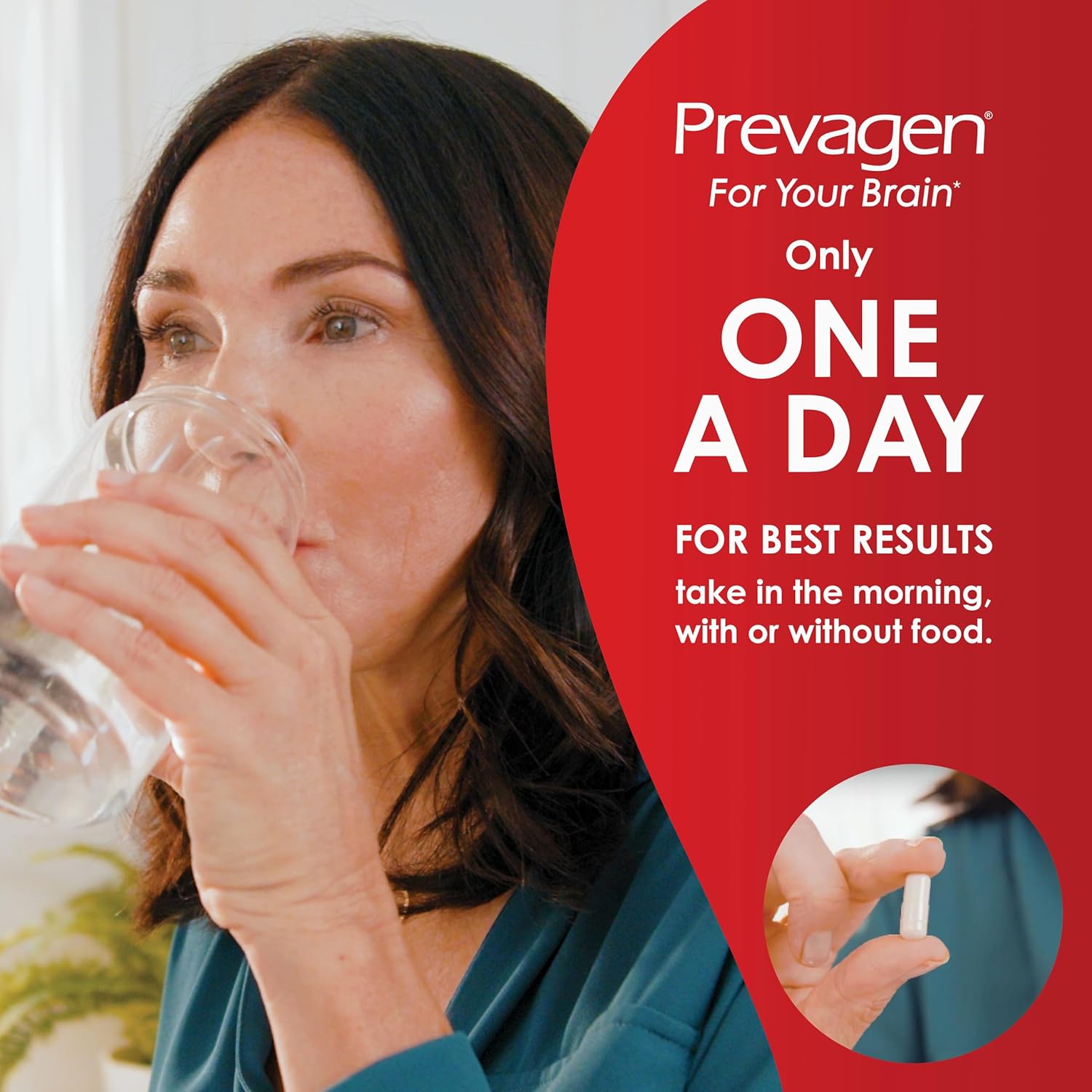 Woman taking Prevagen supplement with water once daily for brain health memory support and cognitive function