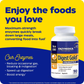 Enzymedica Digest Gold + Probiotics supplement bottle on a yellow and blue background with promotional text.