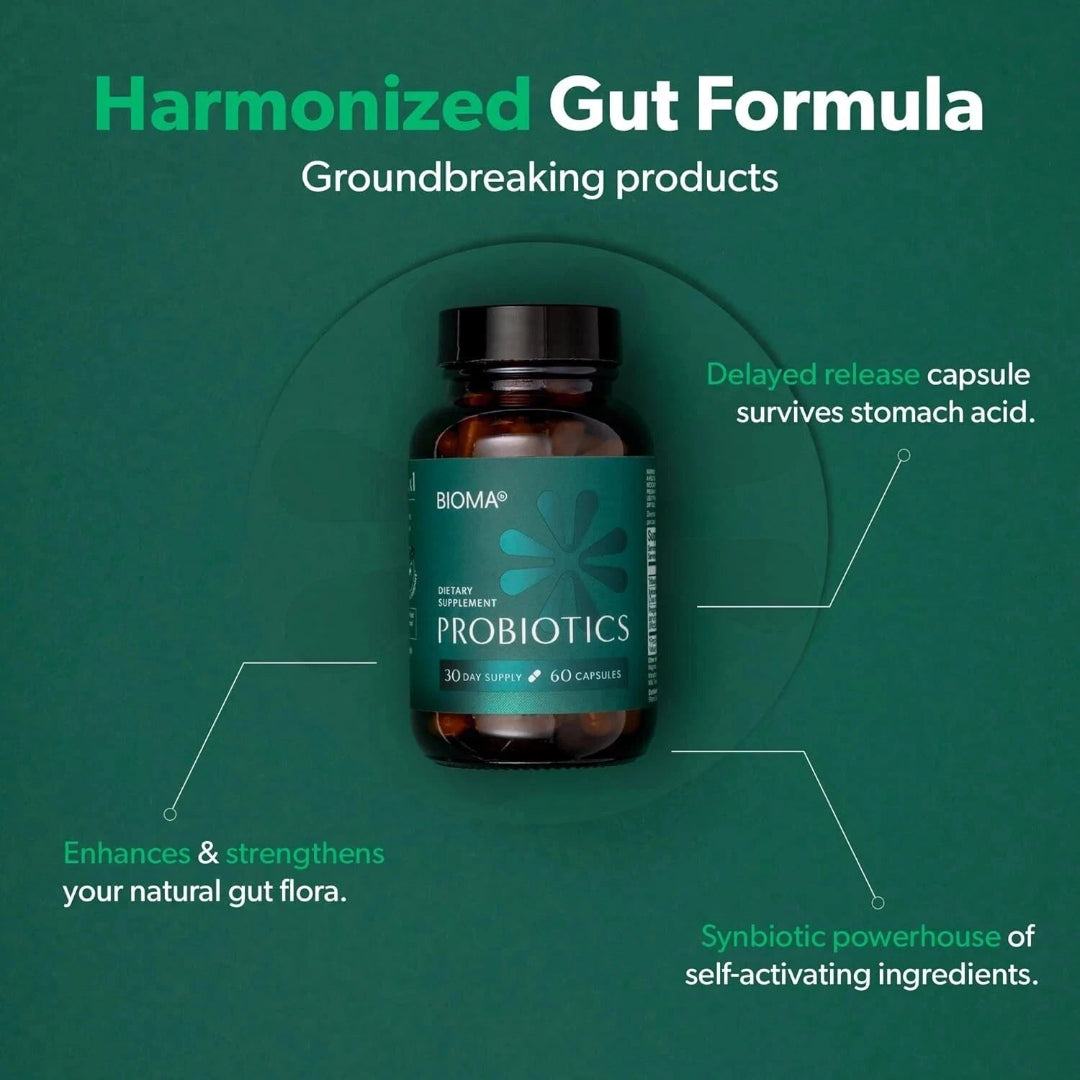 Bottle of BIOMA Probiotics on a green background with text about the product's features.
