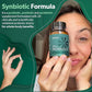Woman holding a probiotics supplement bottle with promotional text about a synbiotic formula.