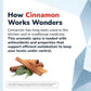 Advertisement about cinnamon's uses in cooking and traditional medicine with cinnamon sticks and leaves on a light blue background.