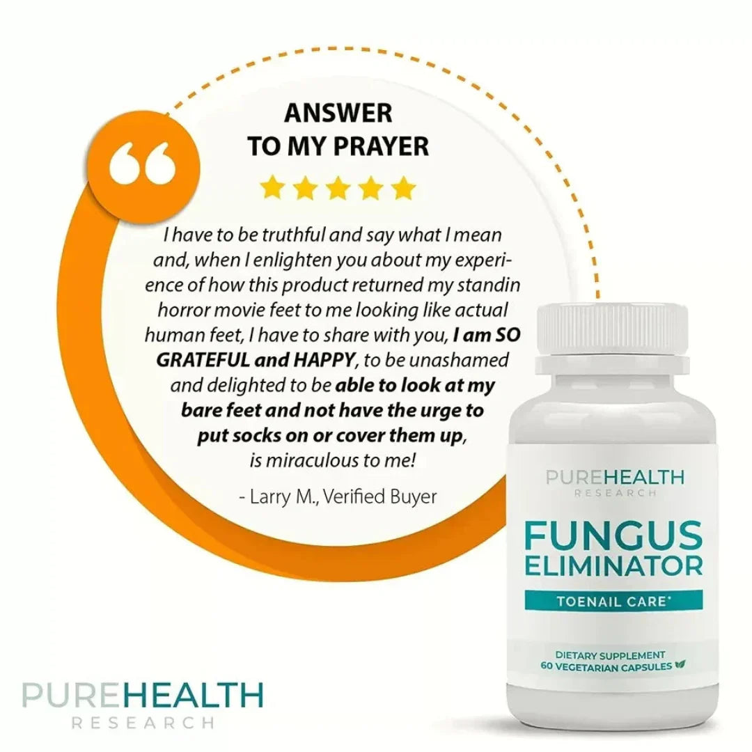 PureHealth Fungus Eliminator supplement bottle with customer review on a white background