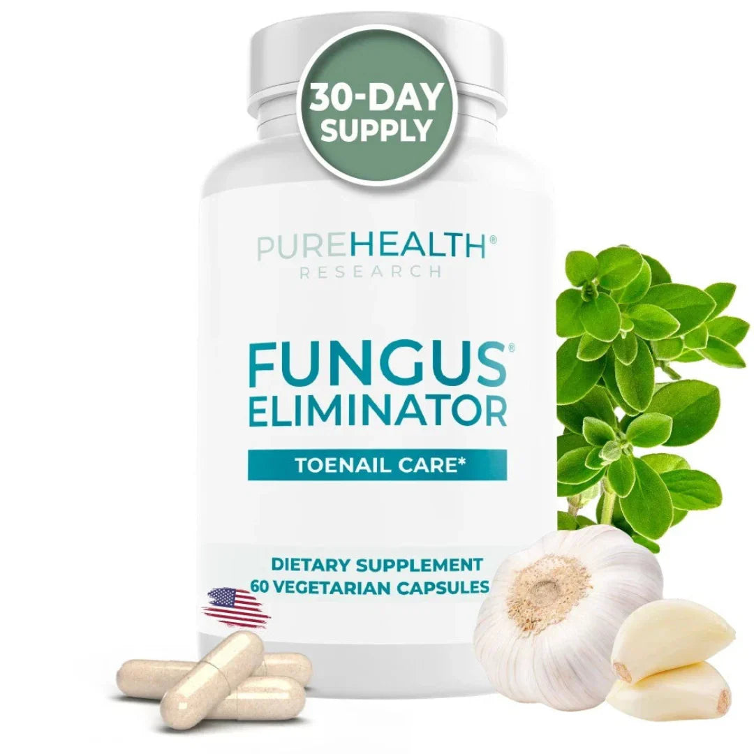 Supplement bottle labeled 'Fungus Eliminator' with garlic and herbs on a white background