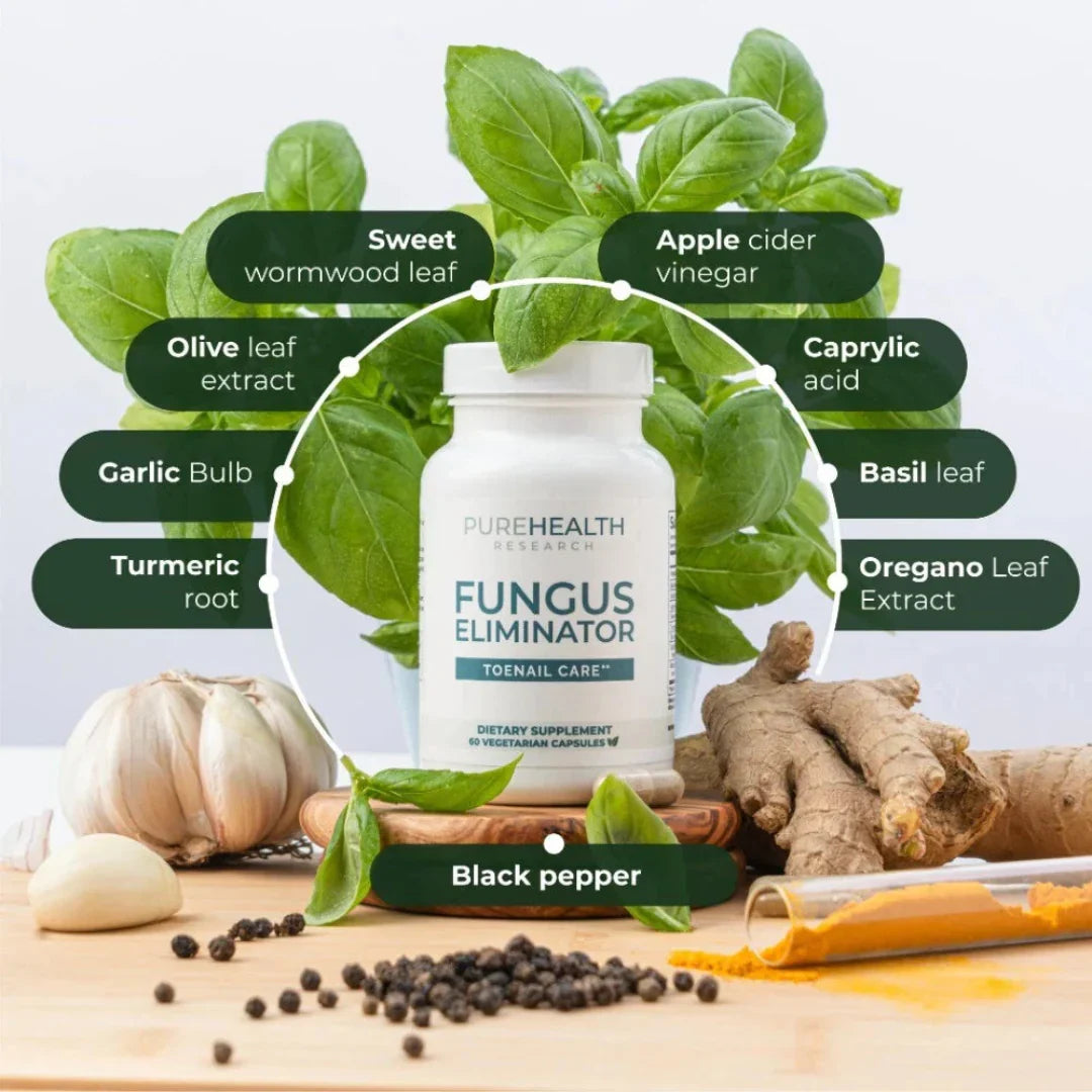 PureHealth Fungus Eliminator supplement bottle surrounded by health ingredients on a wooden surface.