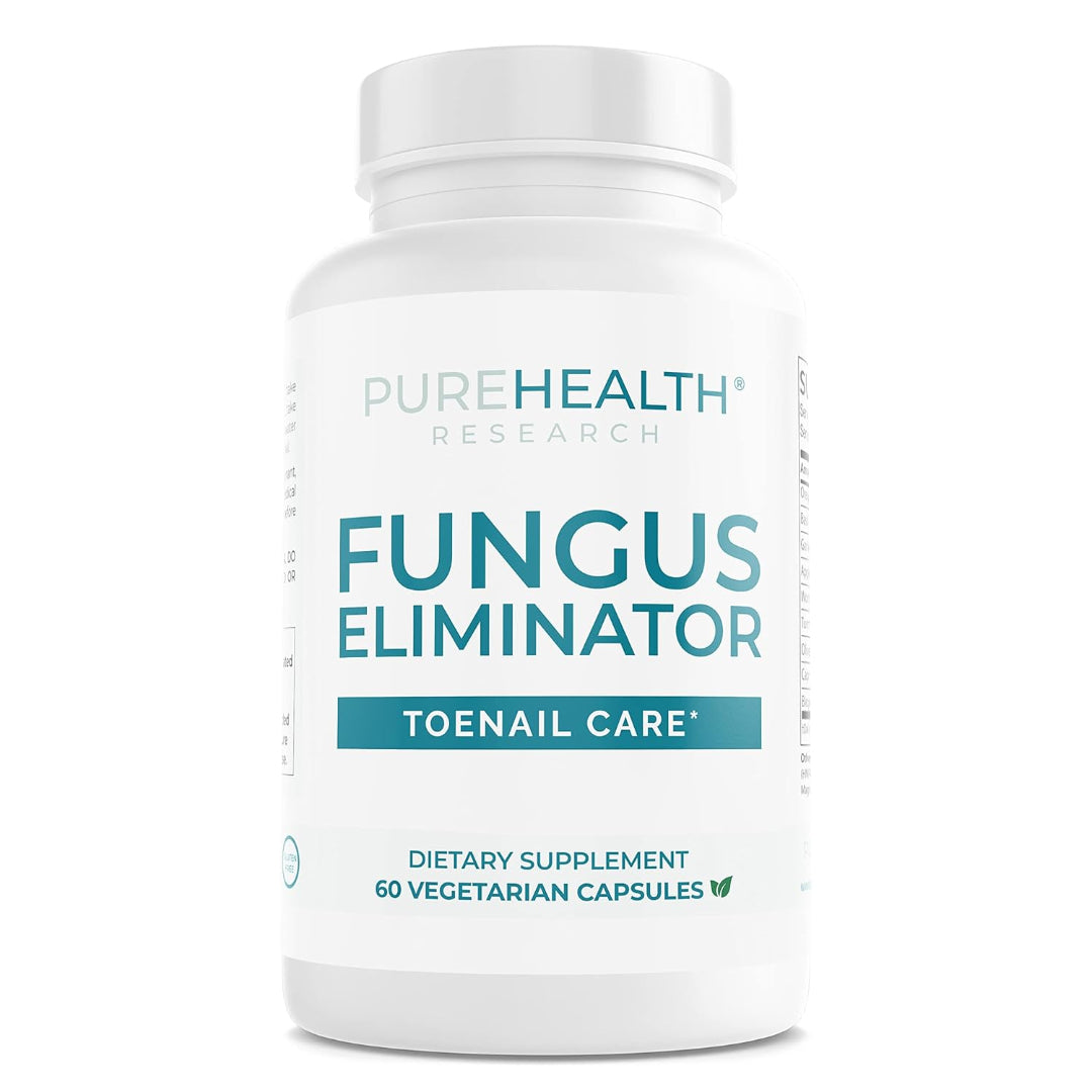Supplement bottle labeled 'Fungus Eliminator' for toenail care by Pure Health Research on a white background.