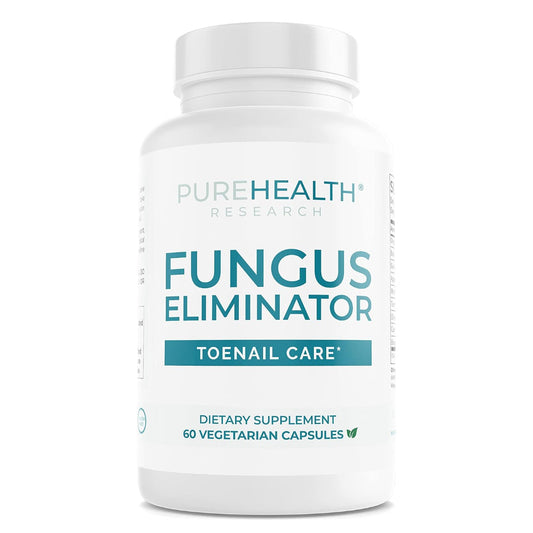 Supplement bottle labeled 'Fungus Eliminator' for toenail care by Pure Health Research on a white background.