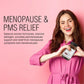 Woman holding a supplement jar with text about menopause and PMS relief on a pink background