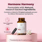 Hormone Harmony supplement bottle with pink background and text about natural ingredients and menopause symptoms.