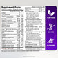 Supplement label with detailed nutritional information and branding on a gray background