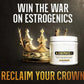 King Maker supplement container with a crown and text about estrogenic warfare on a dark background
