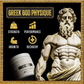 Statue of a muscular figure with 'Greek God Physique' text and supplement container.