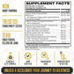 Supplement facts label with various health benefits and product details on a white background.