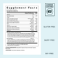 Supplement label with certification logos on a light blue background