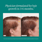 Before and after comparison of hair growth with text about physician-formulated product for hair growth.