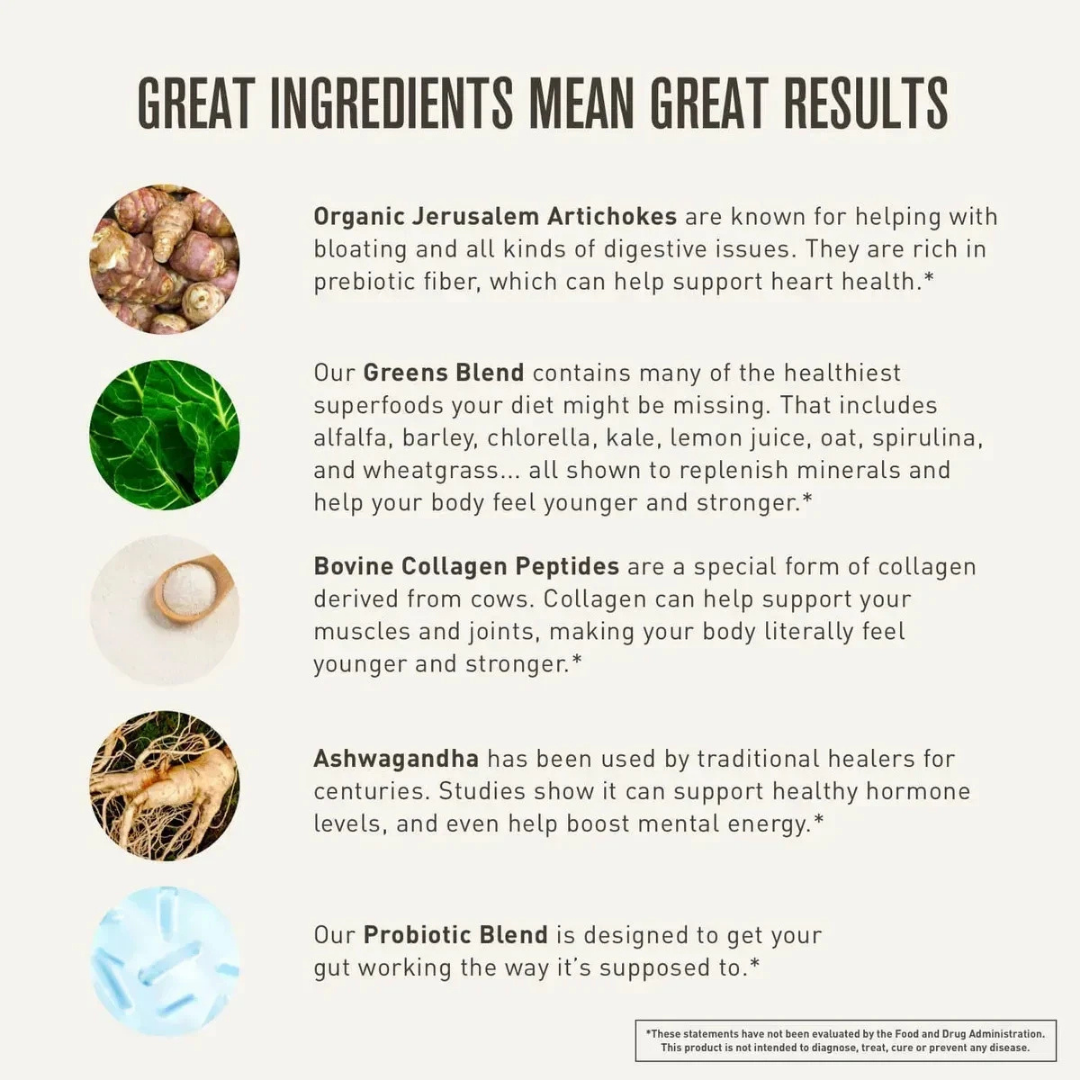 Product description card with images and text about health benefits of ingredients.