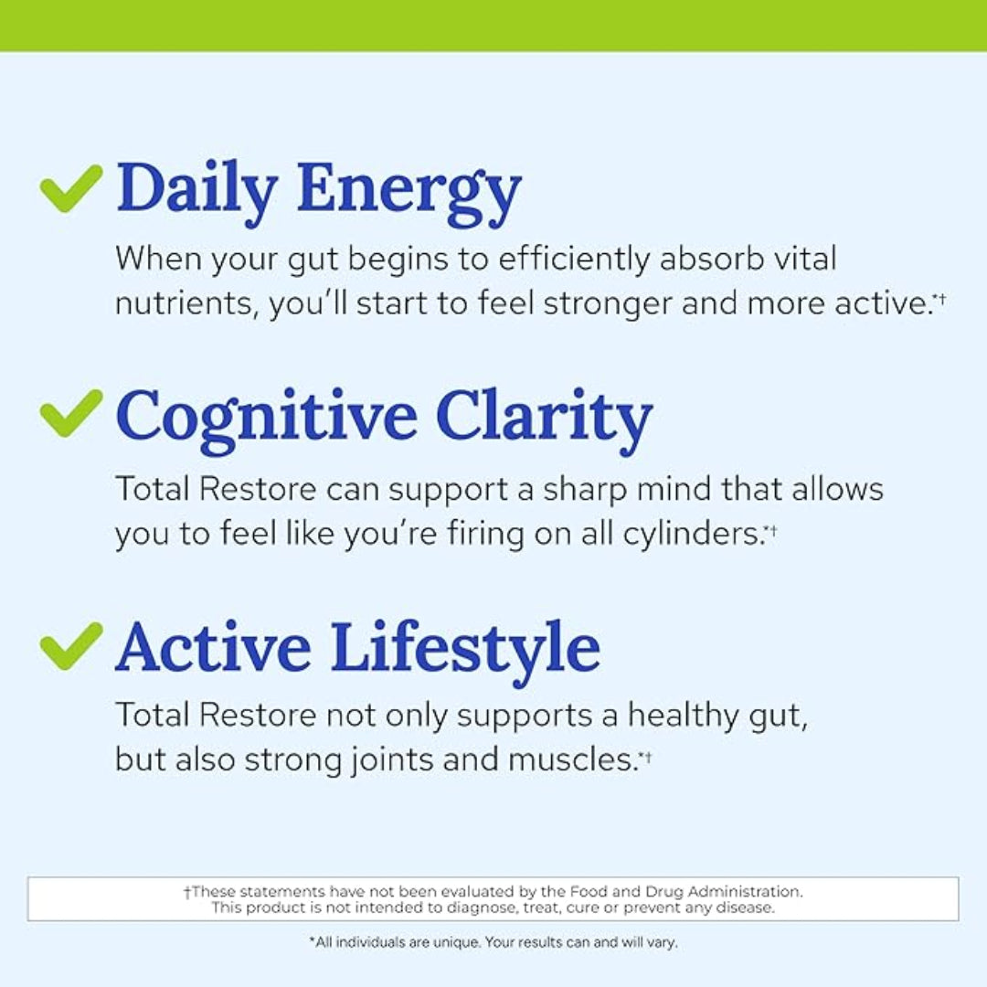 Text describing the benefits of a product for daily energy, cognitive clarity, and active lifestyle on a light blue background.