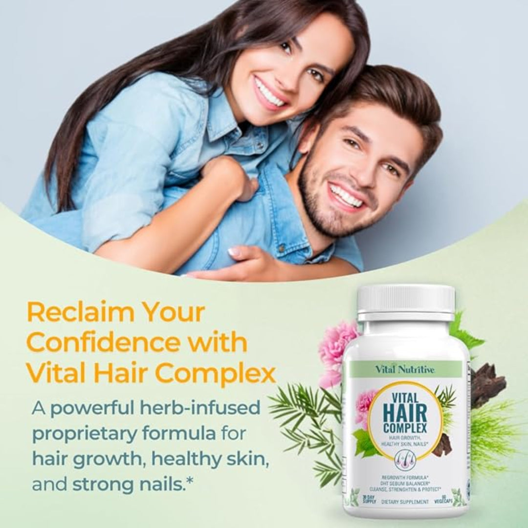 Advertisement for Vital Hair Complex with a couple embracing and a supplement bottle displayed.