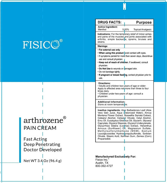 Label of FISICO arthrozene Pain Cream with product details and directions.