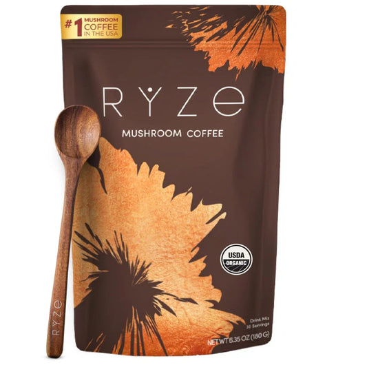 Ryze Mushroom Coffee package with a wooden spoon on a white background