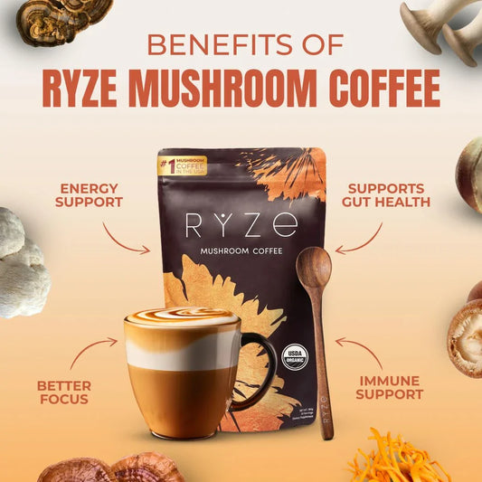 Rye Mushroom Coffee package with benefits listed on a beige background