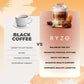 Comparison between black coffee and RYZé coffee, highlighting health benefits of RYZé.